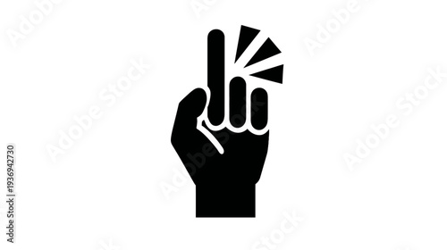 Stylized black hand gesture with fingers raised, one finger emits symbolic radiant lines