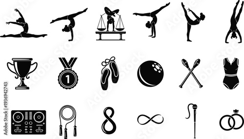 Gymnastics and rhythmic sport icons set, athlete silhouette poses, trophy medal equipment vector illustration collection