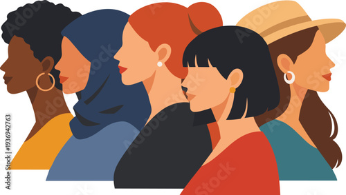 Flat vector illustration set of diverse women shown in side profile with different hairstyles, clothing styles, and cultural representation.
