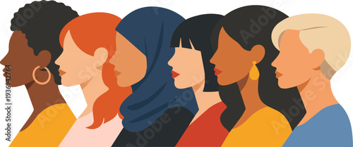 Multicultural Women Side View Portrait Flat Illustration.