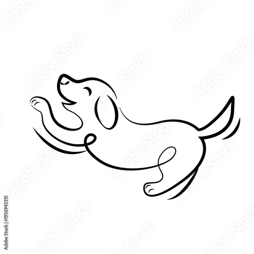 Linear image of a cheerful puppy. The dog jumps while standing on its hind legs. Stylized image of a happy doggy drawn with lines. The dog is a friend to humans