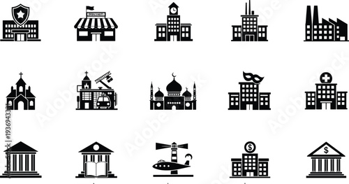 Public buildings icons set, hospital bank school shop factory mosque church government architecture symbols, city infrastructure vector illustration