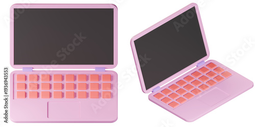 3d rendering of a pink laptop cartoon style in isometric view.