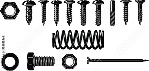 Screws bolts nuts spring hardware set, metal fasteners collection, construction tools mechanical parts vector illustration