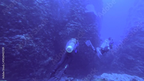 Overlooked out onto the valley of coral reefs with back view of two scuba divers in front while scuba diving in the deep ocean sea salt water underwater world during day time in Lanyu Taiwan Asia