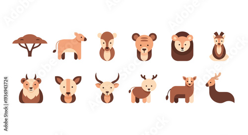 Charming flat design animal icons featuring cute wildlife like deer, bears, and antelopes. Perfect for engaging nature-themed digital illustrations and fun projects