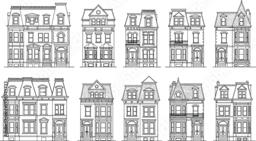 Victorian houses architecture collection, classic European townhouse facades set, vintage historic residential buildings line art vector illustration
