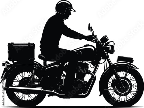 Black silhouette of a male rider on a vintage classic motorcycle with a storage trunk traveling on a road isolated on white background