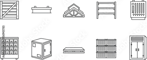 Warehouse storage equipment icons set, crate rack pallet container cabinet industrial storage logistics line vector illustration collection