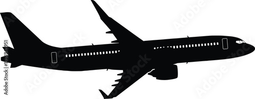 Black silhouette of a modern commercial passenger airplane flying in the sky isolated on white background for travel aviation and aerospace industry transport