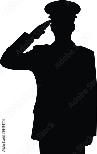 Black Silhouette of a Professional Military Officer in Uniform Giving a Respectful Hand Salute Against a Clean White Background Representing Honor, Patriotism, and Service