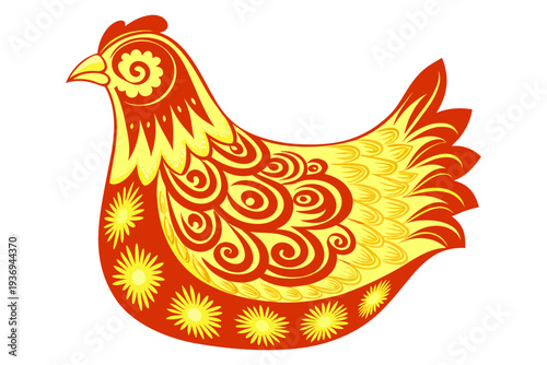 A highly detailed illustration of a hen featuring vibrant red and gold traditional patterns, sun-like floral accents, and ornate decorative motifs.