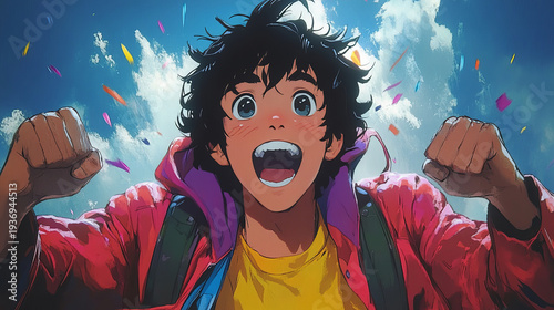 High-energy anime illustration of a joyful boy with messy dark hair cheering under a blue sky with colorful confetti and sunlight.