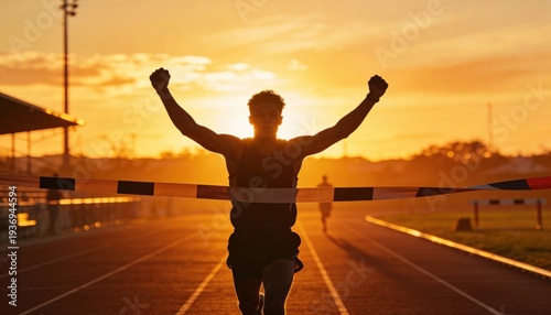 Victory's Silhouette: A triumphant athlete, arms raised high against a vibrant sunset sky, crosses the finish line in a moment of pure triumph. 