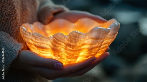 Woman holding glowing alabaster bowl outdoors, night