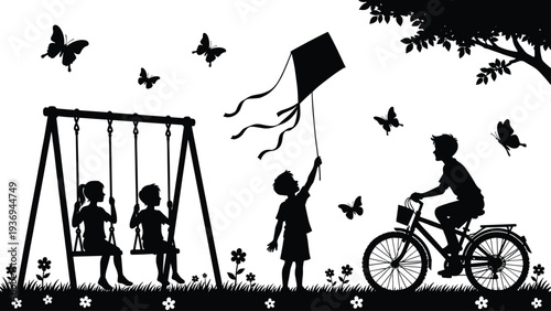 Black silhouette of happy children playing in a park with a swing set, riding a bicycle, flying a kite, and butterflies near a tree.