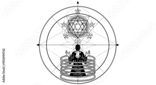 Meditating Man in Sacred Geometry Circle, Metatron's Cube, Spiritual Awakening