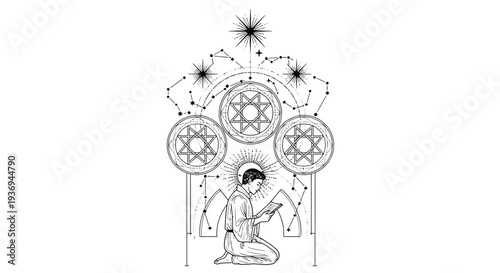 Mystic boy reading book under starry sky and celestial constellations