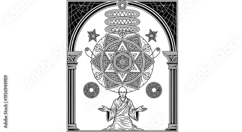 Esoteric Symbolism: Monk Meditating Under Sacred Geometry Mandala