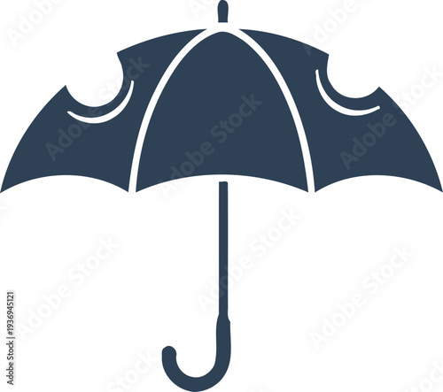 Simple graphic illustration depicting a dark blue umbrella providing excellent protection from falling blue raindrops against a white background