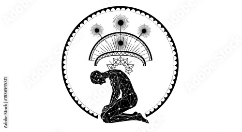 Spiritual Awakening: Figure Meditating Under Cosmic Symbols