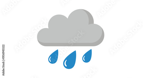Simple grey cloud icon with three blue raindrops falling representing rainy weather conditions and a wet forecast.
