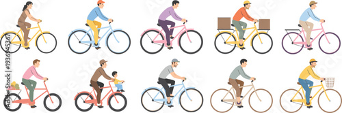 Cartoon illustration of ten diverse bicycle riders in unique outfits and styles, showcasing commuting, delivery, recreation, and everyday cycling activities in expressive design