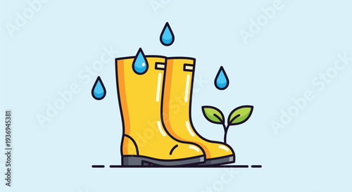 Vibrant cartoon illustration featuring yellow rubber boots with falling raindrops and a small plant symbolizing growth and nature
