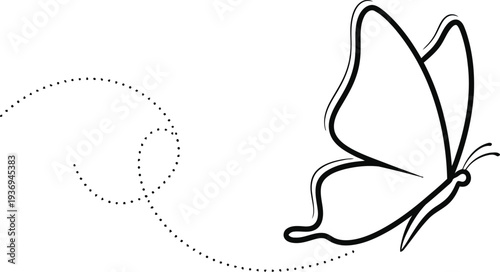 Simple minimalist line art drawing of a butterfly flying leaving a dotted trail against a white background