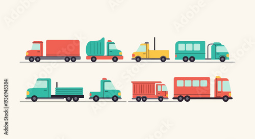 Collection of various colorful trucks in different shapes and sizes displayed on a light-colored background, representing logistics and delivery