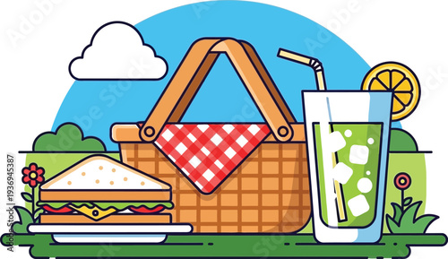 An inviting illustration depicting a classic outdoor picnic setup featuring a woven basket, fresh sandwich, and refreshing drink ready for enjoyment.