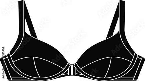 Black and white vector illustration of a classic underwired bra with adjustable straps, flat fashion technical sketch isolated on white background