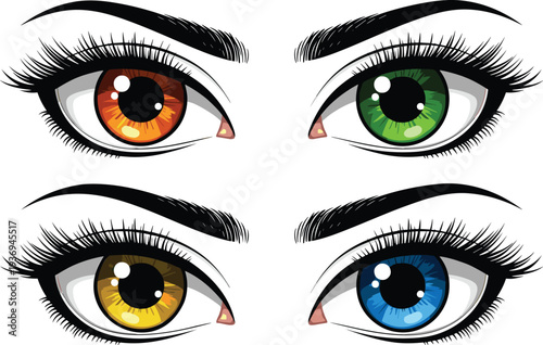 Set of four realistic colorful human eyes with eyelashes and eyebrows including brown green yellow and blue isolated on white (exactly 20 words)
