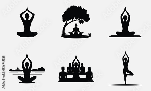 People practicing yoga in serene natural settings and group classes