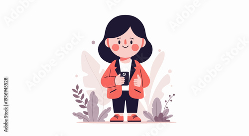 Cartoon woman in a coral blazer and dark pants holding a phone