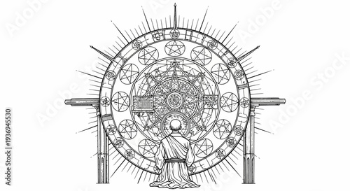 Mystical Ornate Wheel of Fortune with Figure Kneeling