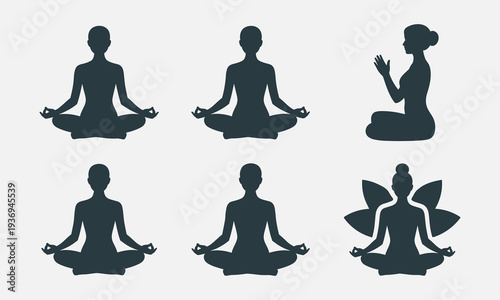People practicing yoga in various meditation poses for wellness and mindfulness