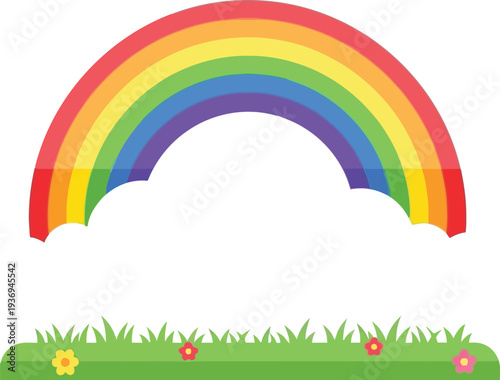 Vivid flat design rainbow appears over green grass with fluffy white clouds isolated on a clean background