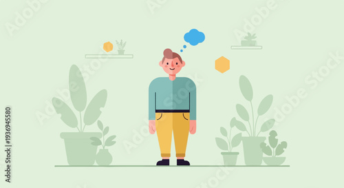 A person in yellow pants and blue shirt stands amidst potted plants, with a thought bubble