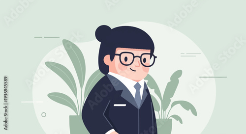 Flat illustration of a person in a suit, wearing glasses, with plants in the background