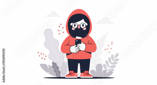 A person in a red hoodie and black pants, wearing glasses and a face mask, holding a phone