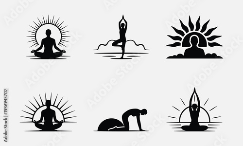 Serene yoga silhouettes with sunrise elements