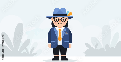 A cheerful, stylized person in a blue hat, glasses, and a suit, standing outdoors