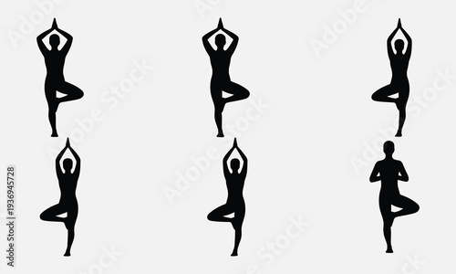Silhouette of people practicing yoga in various tree poses
