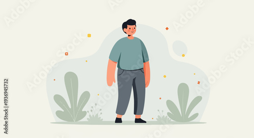 Cheerful person in casual clothes stands amongst abstract shapes and plants in a minimalist style