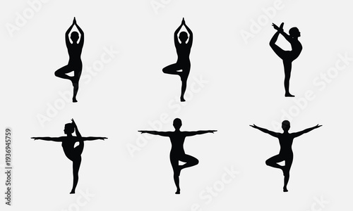 Silhouettes of people practicing yoga in various poses for wellness and flexibility