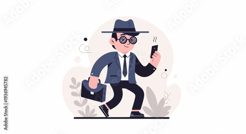Cartoon man in suit, hat, glasses, carrying briefcase, using phone, walking