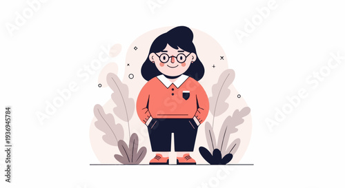 Stylized depiction of a person with dark hair and round glasses, wearing a coral sweater and dark pants