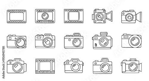 Film Camera Monoline Vector Icons – Minimal Cartoon Camera Set EPS 10