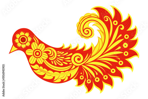 A stunning, highly detailed illustration of a phoenix with a grand, swirling tail, featuring vibrant red and gold traditional floral patterns and decorative motifs.